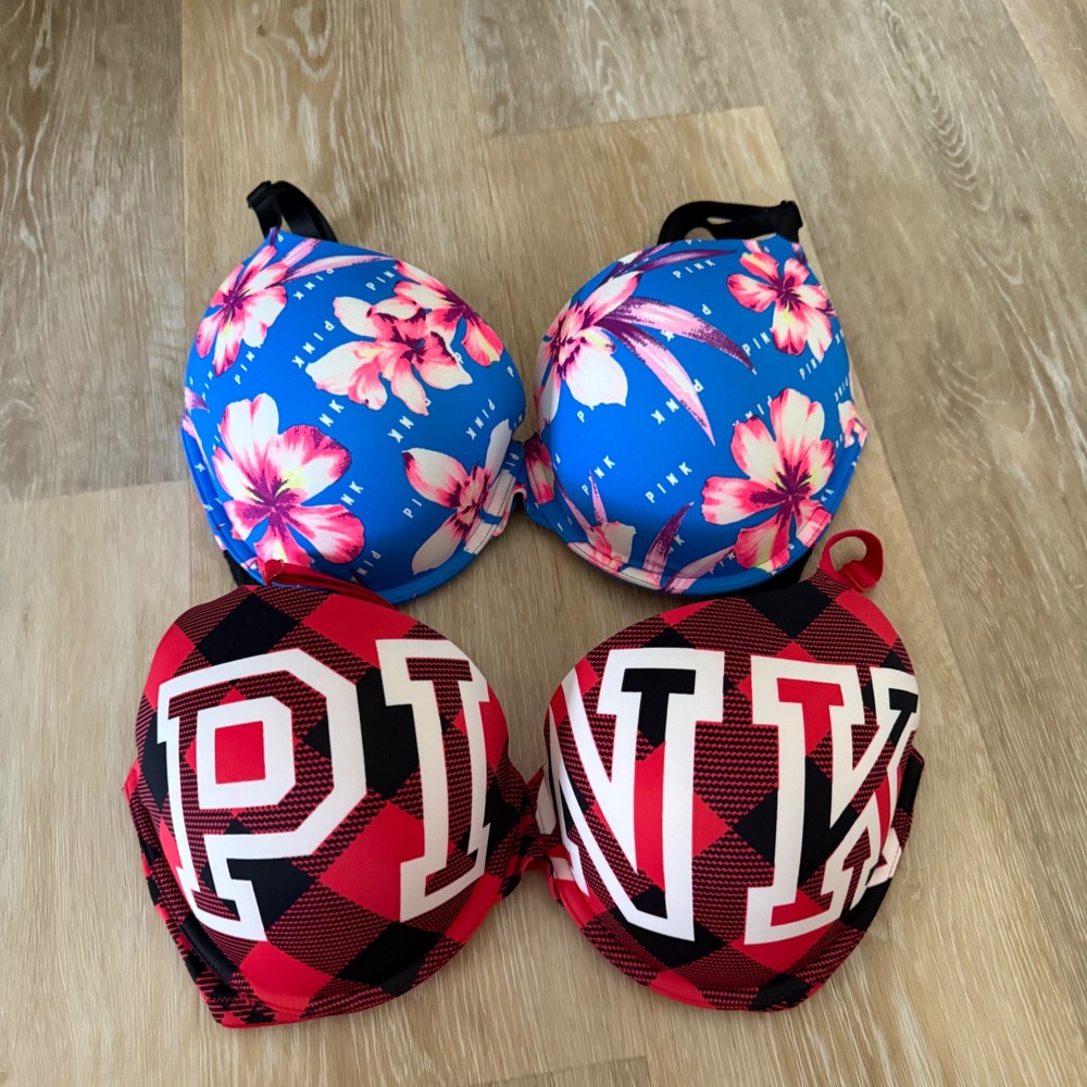 Lot 2 Victoria's Secret Pink Wear‎ Everywhere Push Up Bra 34DDD Floral Plaid